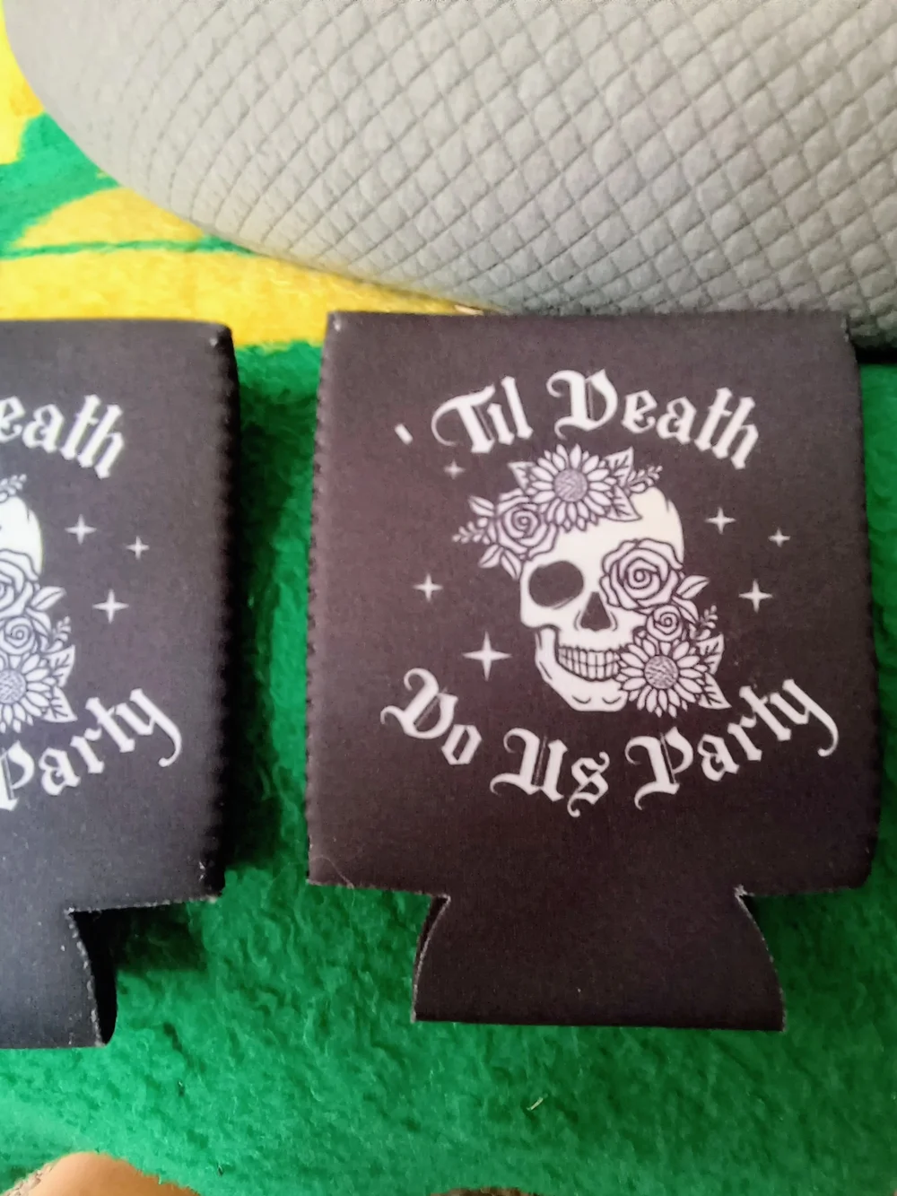 Black 'Til Death Do Us Party' Skull Can Cooler - Soda Or Beer Cans Set Of Two